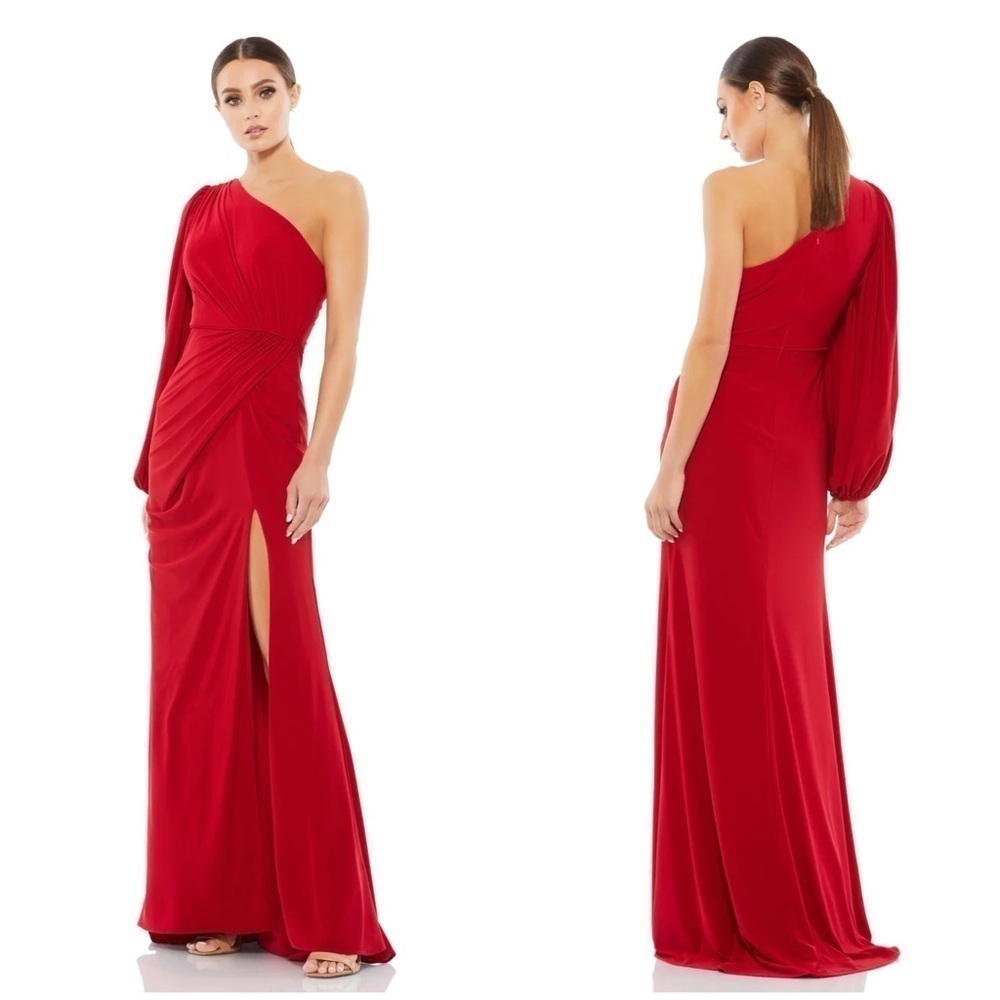 MAC DUGGAL One Shoulder Puff Sleeve Faux Wrap Gown